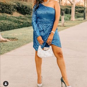 One-Shoulder Lantern Sleeve Sequins Mini Dress